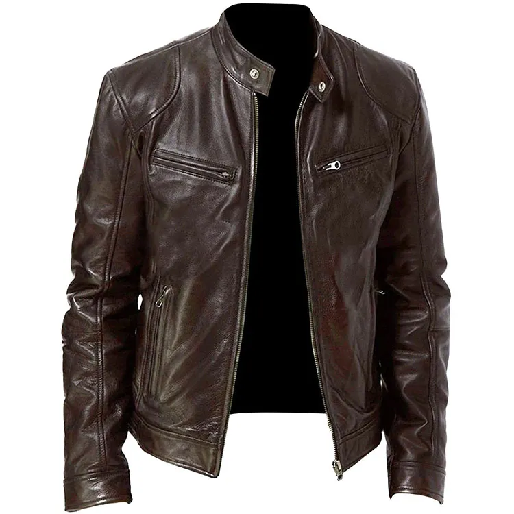 New Style Leather Jacket Slim Fit respirável Atacado Stand-up PU Leather Jacket para homens preço barato jaqueta de couro personalizada