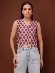 Top court imprimé pour femme sans manches en coton mélangé Paisley Top à col en V - Product Image 3