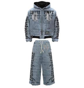 Ensemble de survêtement tendance personnalisé de haute qualité avec poche latérale à capuche zippée et effet de décoloration solaire Stone Sérigraphie de haute qualité - Product Image 2