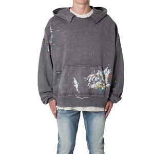 Fabricante personalizado lavado ácido hombres recortada pulóver Sudadera con capucha de lana de algodón sin cuerdas crudo dobladillo cremallera Winterized impresión personalizada - Product Image 1