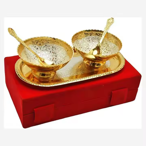 Cuencos redondos hechos a mano de calidad de exportación con juego de dos cucharas y bandeja para regalo de devolución de boda decoración del hogar Juegos de cuencos a costo de vaca - Product Image 1