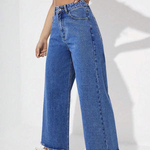 Pantalones vaqueros de diseñador personalizados al por mayor, pantalones vaqueros de pierna ancha y cintura alta para mujer, pantalones vaqueros de mujer de alta calidad, precio razonable - Product Image 2