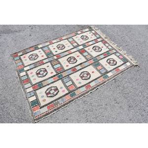 พรมสีเบจสไตล์ตุรกีวินเทจขนาด3.8x5.2ฟุตผ้าถักแบบเรียบงานปะต่อผ้าขนสัตว์ลาเท็กซ์สำหรับตกแต่งห้องนั่งเล่นวัยรุ่น - Product Image 3