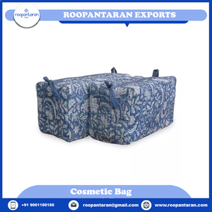 Indian Manufacturer's Blue Stripe Hand Block Printed Cosmetic <b>Bags</b> Cases Set Two Ouilted Ourses Bulk Supply <b>Toiletry</b> Coin Purse - Product Image 6