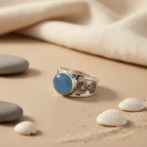 Bague délicate en argent sterling 925 avec chalcédoine bleue de forme ovale et poire pour femmes - Plaqué rhodium - Bijou fin - Cadeau - Product Image 1