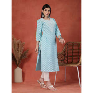 Women's Trendy Embroidered Neck Straight Kurta Crocheted Breathable Knee-Length <b>Dress</b> <b>One</b> <b>Size</b> Fits All for Special Daily Use - Product Image 5