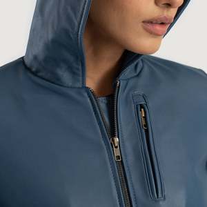 Blouson Bomber en Cuir Véritable Bleu GLOBAL LEATHER avec Capuche, Écologique, Style Urbain, Manches Longues, Fermeture Éclair, Vêtement d'Automne pour Femme - Product Image 5