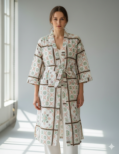 Kimono long Kantha réversible pour femme en coton de qualité export, fait main, en vente directe d'usine - Product Image 1