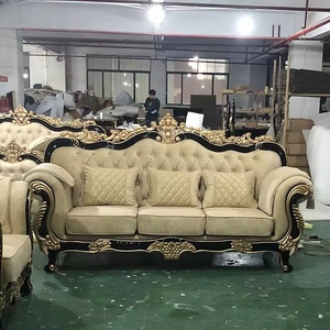 Juego de Sofás de Cuero de Lujo Europeo, Estilo Americano, Madera Sólida, Forma de L, para Sala de Estar, Villas y Grandes Hoteles - Product Image 1