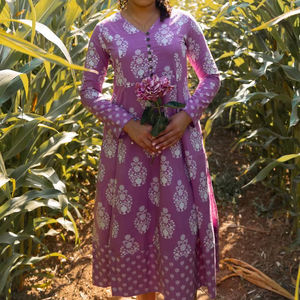 Hand Block Printed Hyacinth Floral Cotton Midi Dress - Product Image 1