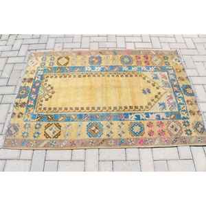 Alfombra Turca Vintage, Alfombra de 3.5x5.4 pies, Alfombra de Lana con Rayas Amarillas y Azules - Product Image 3
