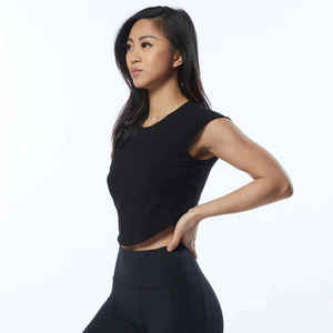 Performance Fit Women's Blackout Scoop Hem <b>Crop</b> <b>T</b>-<b>Shirts</b> 95% Cotton 5% Spandex <b>Fitted</b> Cap Sleeves Raglan Shaped Crew Neck Summer - Product Image 3