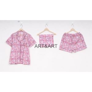 Ensemble de pyjama indien décontracté en coton imprimé à la main Fleur tissée respirante Vêtements de nuit de grande taille pour l'été - Product Image 1