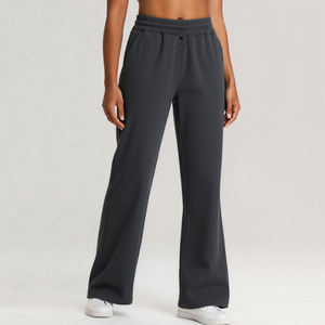 Joggers décontractés taille haute pour femmes coupe ample jambe droite pantalon drapé avec taille élastique cordon pantalon à motif solide - Product Image 3
