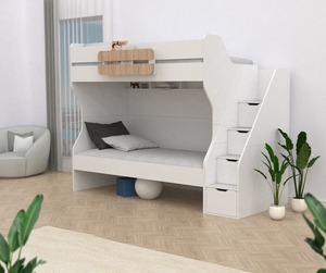 Lit superposé bicolore 18mm en aggloméré démonté blanc-nature pour chambre ou appartement Matériau en bois durable - Product Image 2