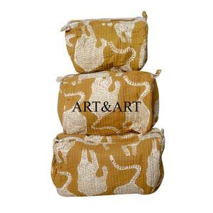 Sacs de maquillage pour femmes imprimés à la main avec pompon, en coton, grande capacité, en ensembles de 3, fermetures éclair, pour les magasins de textiles de maison - Product Image 6