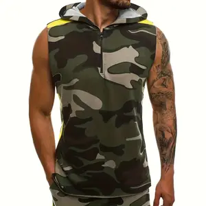 Hoodie Tank Top Plus Size Men's Camouflage Hooded Tank Top With Zipper For Summer Street Style Sleeveless Hoodies For Males