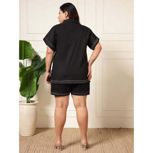 DEEBACO Women's Cotton Solid Plus Size Co-Ord Set Half Sleeves Shirt With <b>Thigh</b> Length Shorts Lace Western Wear 2 Piece Outfit - Product Image 5