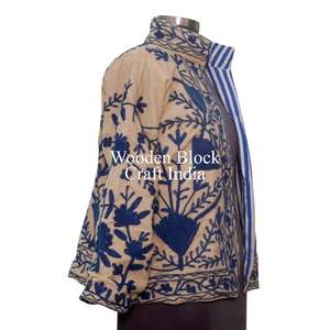 <b>Women's</b> Elegant Winter Quilted Jacket Handcrafted Velvet Embroidery Exquisite Suzani Design Soft Velvet Cotton Lining Stripe - Product Image 3