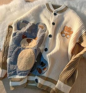 Cardigan en tricot pour femmes avec broderie d'ours mignon, décontracté, ample, boutonné, à manches longues, style varsity, veste en maille - Product Image 5
