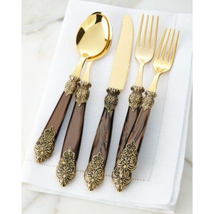Juego de cubiertos de 5 piezas de estilo americano con asas adornadas doradas ecológicas Acero inoxidable chapado en oro de lujo - Product Image 1