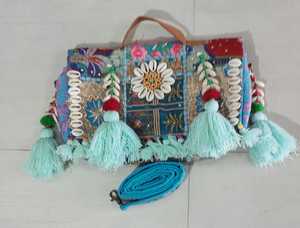 Traditional Handcrafted Bohemian style Banzara Bag Floral Embroidered Satchel With Tassels And Shell Decor - Product Image 3