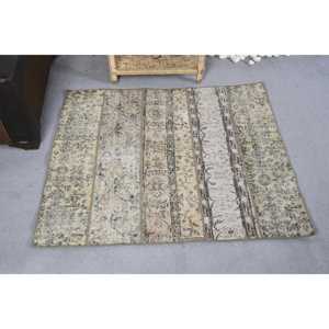 Tapis classique en laine à rayures beige 3.1x3.6 pieds Style turc vintage avec support en latex pour motif rectangle de couloir de salon - Product Image 3