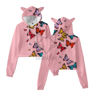 Women's Cropped Hoodie With <b>Cat</b> Ears Butterfly Print Yellow Casual Spring Sweatshirt - Product Image 6
