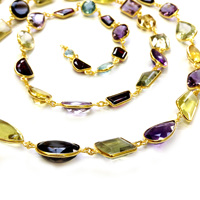 Luxe à la mode 925 en argent Sterling plaqué or fête porter multi coupe pierre dames porter longue chaîne collier