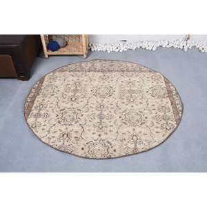 Tapis en Laine Marron Beige Traditionnel Vintage 4.8X4.7 ft Fait à la Main Abstrait Patchwork Design Rectangle Couloir Motif Viscose Latex - Product Image 1