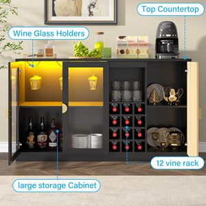 Buffet moderne noir en gros avec éclairage LED, portes en bois cannelé, casier à vin, et station de bar à café - Product Image 5