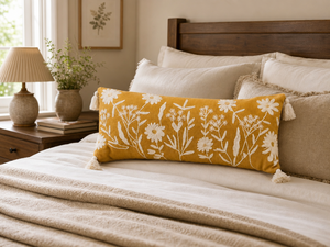 Handcrafted Eco-Friendly Mustard Wildflower Embroidered Cotton Lumbar <b>Pillow</b> Cover Decorative <b>Long</b> Accent Cushion <b>Case</b> Tassels - Product Image 1