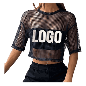 Cotton Mesh Breathable Crop <b>Top</b> mesh T-Shirt Custom Logo Plain <b>Short</b> <b>Sleeves</b> Women Crop <b>Top</b> Lounge Wear <b>Ladies</b> T-Shirt - Product Image 5