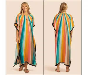 สวยแยกคอสไตล์พิมพ์ Kaftan ผ้าไหมเครป Kaftan ชายหาดสวมใส่ Kaftan ชุดแฟนซีสําหรับผู้หญิงสวมใส่