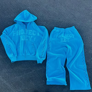 OEM Men's Custom Screen Printed Washed <b>Rhinestone</b> Hoodie Set <b>rhinestone</b> Flared Stacked Tracksuit Sweat suit for Winter - Product Image 2