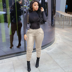 Cintura ahueca hacia fuera Color negro de longitud completa Casual moda mujer pantalones de cuero - Product Image 4