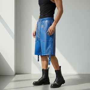 กางเกงขาสั้นผู้ชายสีน้ำเงิน ผ้าฝ้ายลำลอง เอวกลาง ทรงวินเทจ ระบายอากาศได้ดี แห้งเร็ว ถักทอด้วยมือ พร้อมเชือกผูกเอว ซิปสูง - Product Image 3