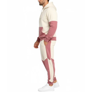 Conjunto Deportivo Premium con Capucha para Hombre – Diseño en Bloques de Color Crema y Rosa Empolvado, Estilo Casual y Atlético - Product Image 4