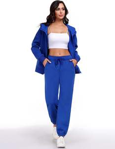 Women's Long-Sleeved 2-Piece Zip-Up Hoodie Jogger Sweatpants Set Canvas Button & Drawstring Decoration with Pockets <b>Sweatshirt</b> - Product Image 3