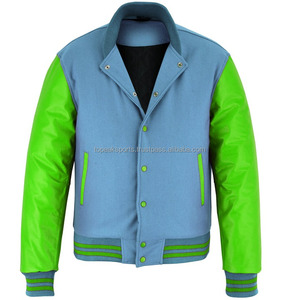 Chaqueta Varsity 2026 OEM Nueva en Lana Azul Cielo con Mangas de Cuero Verde para Hombre, 100% Alta Calidad, MOQ Bajo, Chaquetas Calefactables Hechas a Medida - Product Image 4