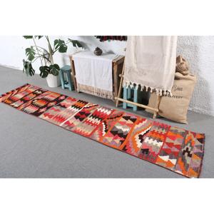 Turkish 2.1x9.8 ft Rug, <b>Runner</b> Vintage Rug, <b>Red</b> Orange Check Rug - Product Image 2