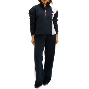 Conjunto Deportivo de Contraste al por Mayor, Top con Cierre de Cremallera de un Cuarto en Azul Marino y Blanco con Pantalones de Corte Holgado, Sudadera Elegante para Comodidad Casual - Product Image 1