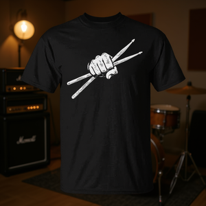 T-shirt vintage da batterista con design retrò di bacchette per batteria, maglietta promozionale per set di batteria - Product Image 3