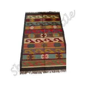 Jute Kilim Rug Carpet 4x6 Foot Decorative Floor Carpet Bohemian WWJR019 Indian Traditional Weaver Tribal Wool Print Rectangle