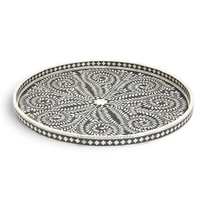 Design moderne Grand plateau de service de forme ronde Plateau incrusté d'os de première qualité Design floral pour la maison Accessoires de restaurant d'hôtel - Product Image 1