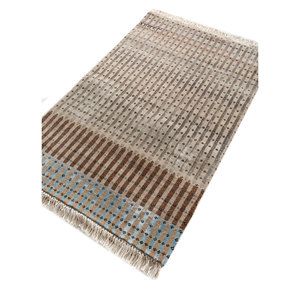 Manchaha Beige & <b>Brown</b> Hand Knotted <b>Wool</b> & Bamboo Silk Rugs-Les-2614 Striped Rectangle for Bedroom and Hallway for Home Use - Product Image 2