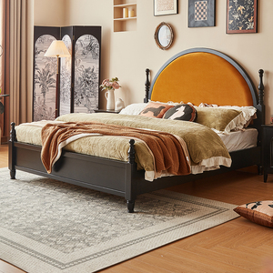 Round <b>Bed</b> With Orange Velvet Headboard <b>Platform</b> Style Eclectic Design Solid Wood <b>Frame</b> King Queen Full Size - Product Image 3