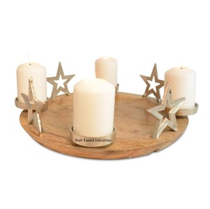 Silver Metal & Glass <b>Tea</b> Light <b>Candle</b> Holder on Mango Wooden Round Base for Home & Christmas Decor Advent Holder - Product Image 3