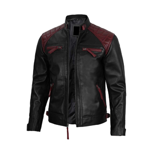Men's Genuine Cow Skin <b>Leather</b> <b>Jacket</b> with Stand Collar <b>Long</b> Sleeves Canvas Fabric Customized Logo Winter Street Wear-Wholesale - Product Image 2