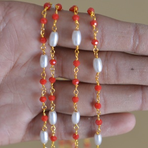 <b>Best</b> Quality Gold Plated Rice Pearl & Red Glass Beads Rondelle Rosary Chain. Brass Wire Beaded Chain for Jewelry Making - Product Image 5